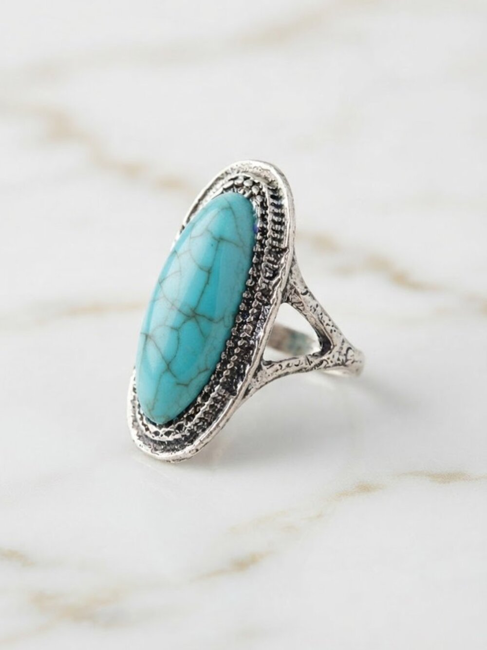 Silver Turquoise Oval Statement Ring - Women Jewelry - Picture 2 of 6